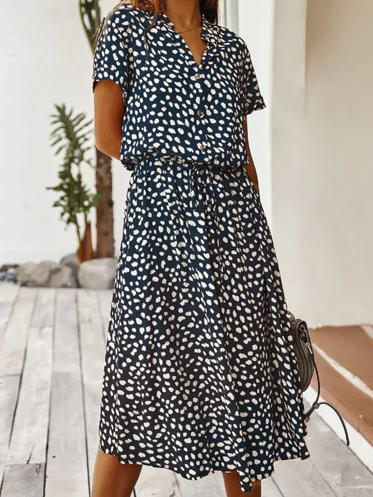 Women's Light Print Flowing Midi Dress worn view - Casual Summer Wedding Guest Midi Dress