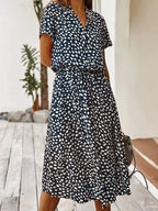 Women's Light Print Flowing Midi Dress worn view - Casual Summer Wedding Guest Midi Dress