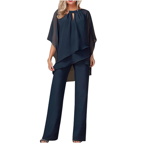 Chiffon batwing wide-leg trouser suit, elegant occasion styling front view