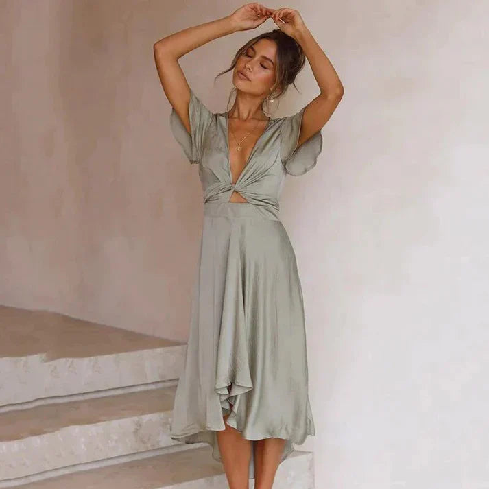 V-neck flutter sleeve dress waist detail