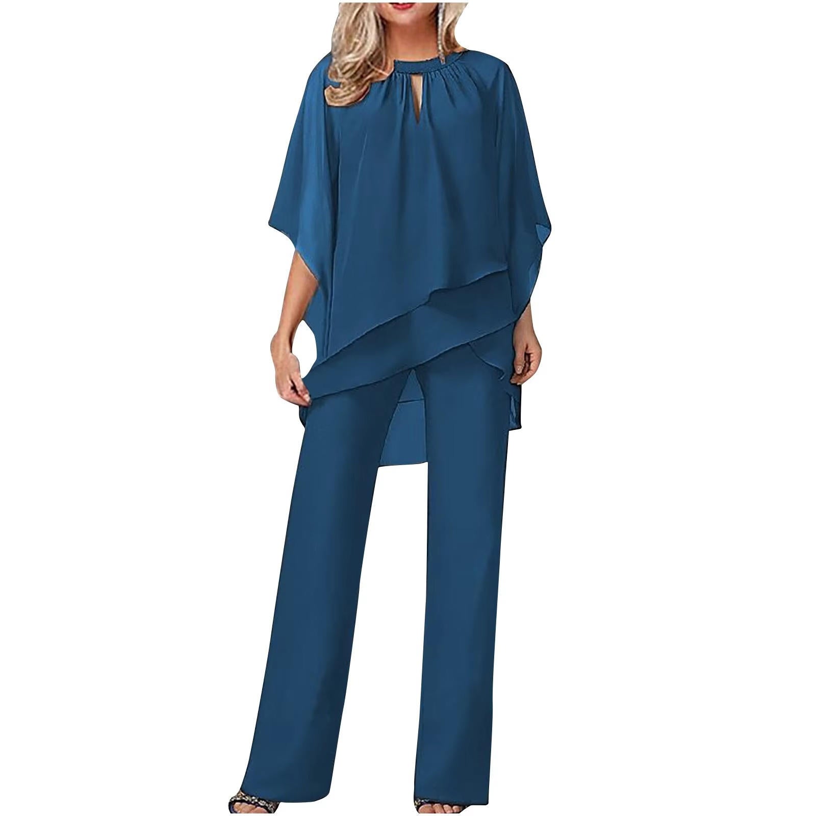 Elegant chiffon wide-leg trouser suit styled for formal occasion, back view