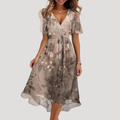 Floral tummy control wrap midi dress front view brown