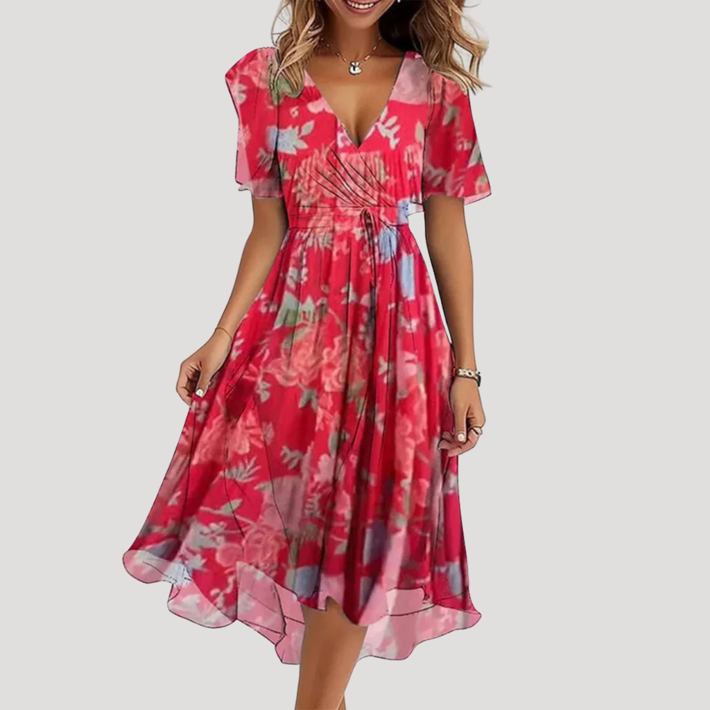 Wrap V-neck detail close-up floral midi dress