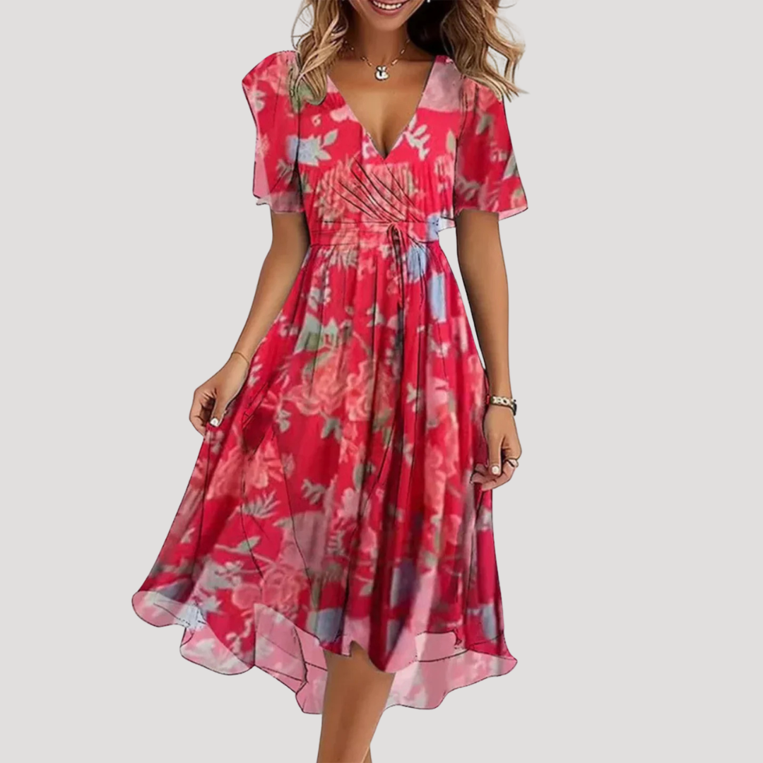Wrap V-neck detail close-up floral midi dress