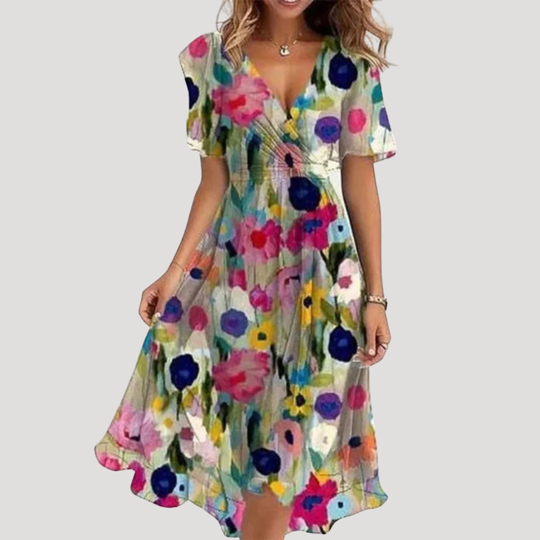 Brown floral wrap dress lifestyle shot casual occasion