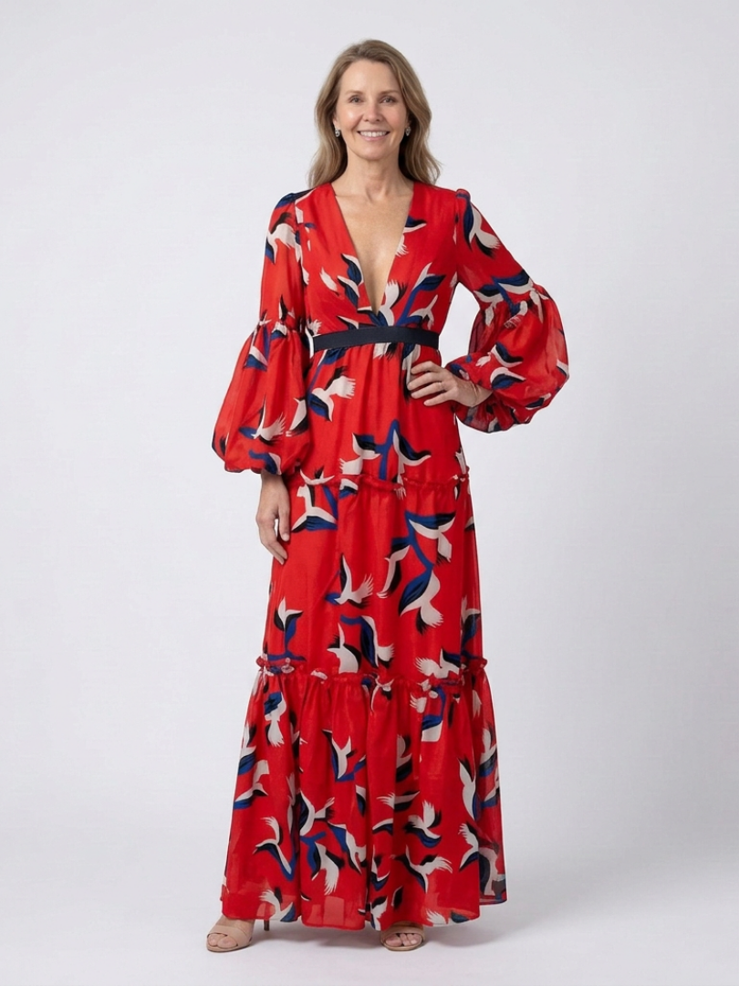 Women's Tie Waist Long Sleeve Maxi Dress
