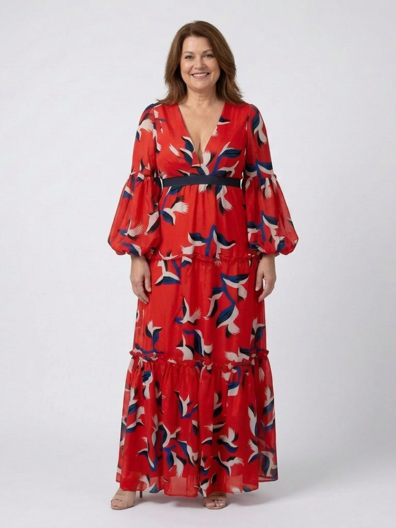 Women's Tie Waist Long Sleeve Maxi Dress