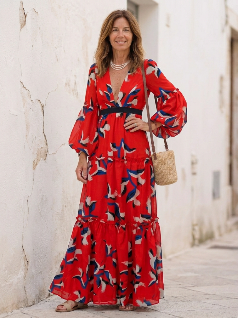 Women's Tie Waist Long Sleeve Maxi Dress