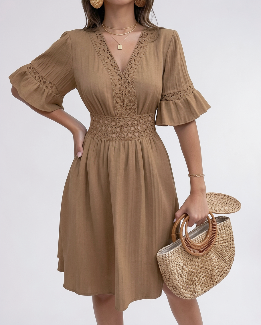 Brown V-neck flared sleeve summer dress | Alba Muse