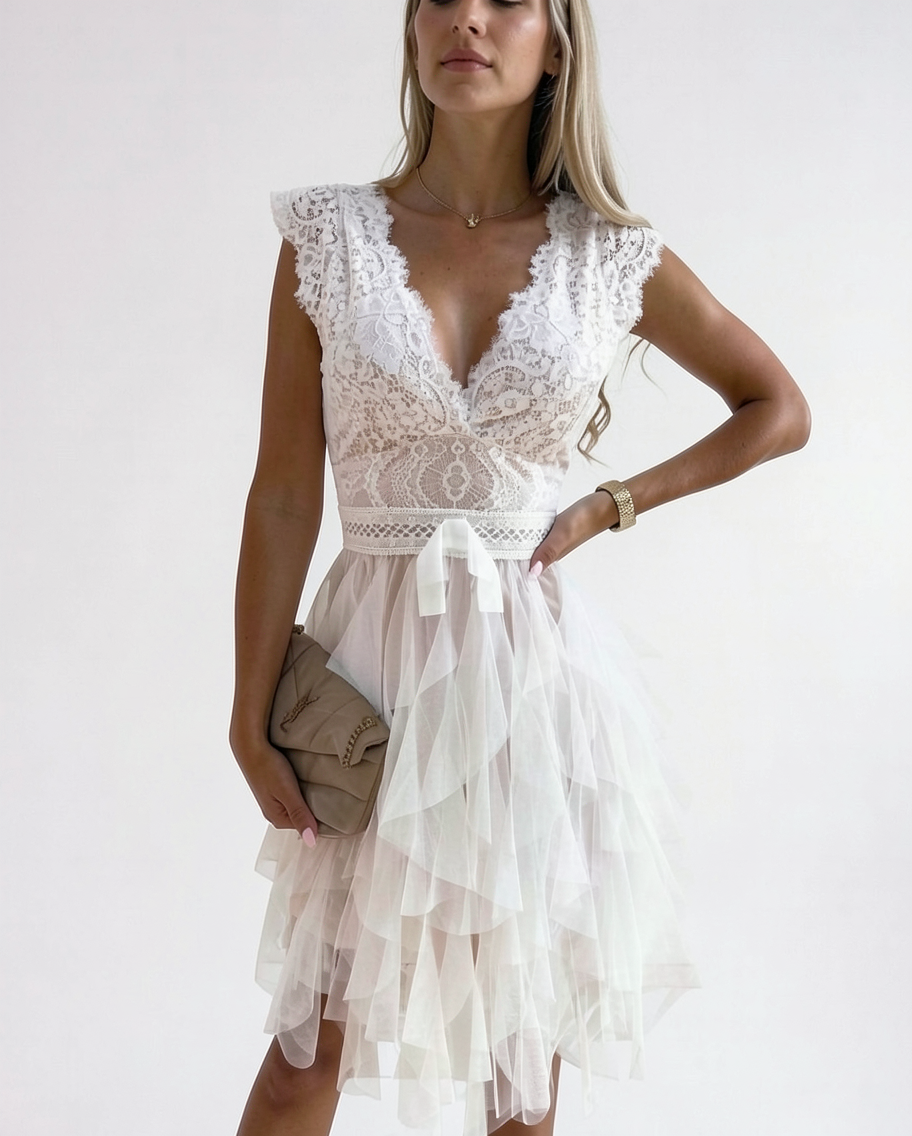 Lace bodycon tulle mini dress on model | Alba Muse