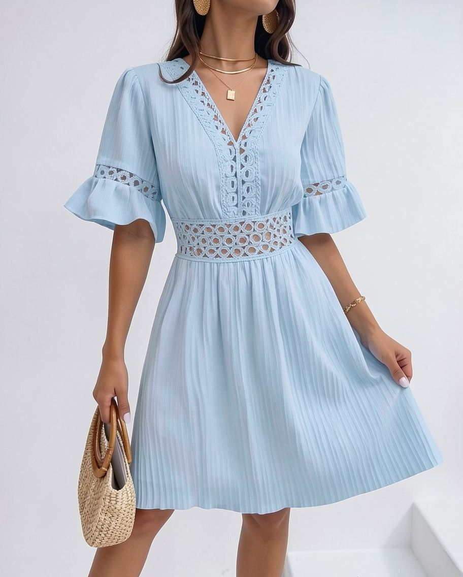 Light blue V-neck flared sleeve summer dress | Alba Muse