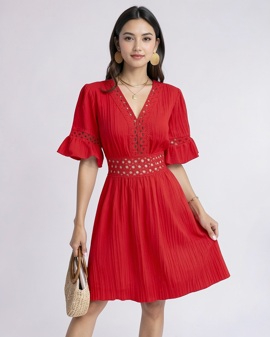 Red V-neck flared sleeve summer dress | Alba Muse