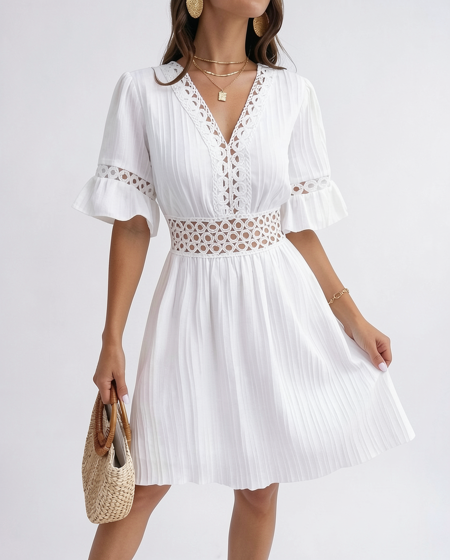 White V-neck flared sleeve summer dress | Alba Muse