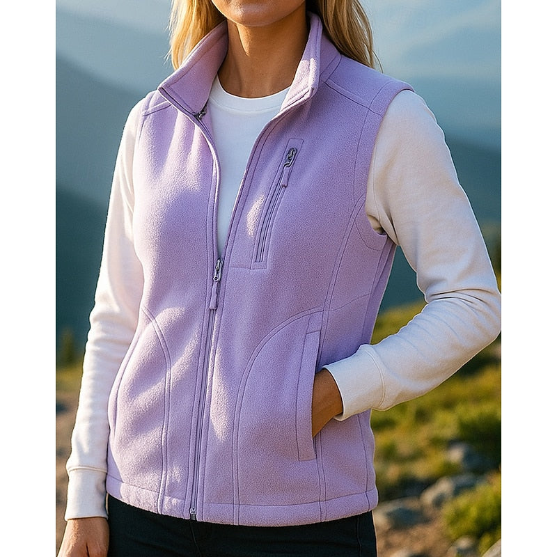 Purple cozy zip-up vest, front view