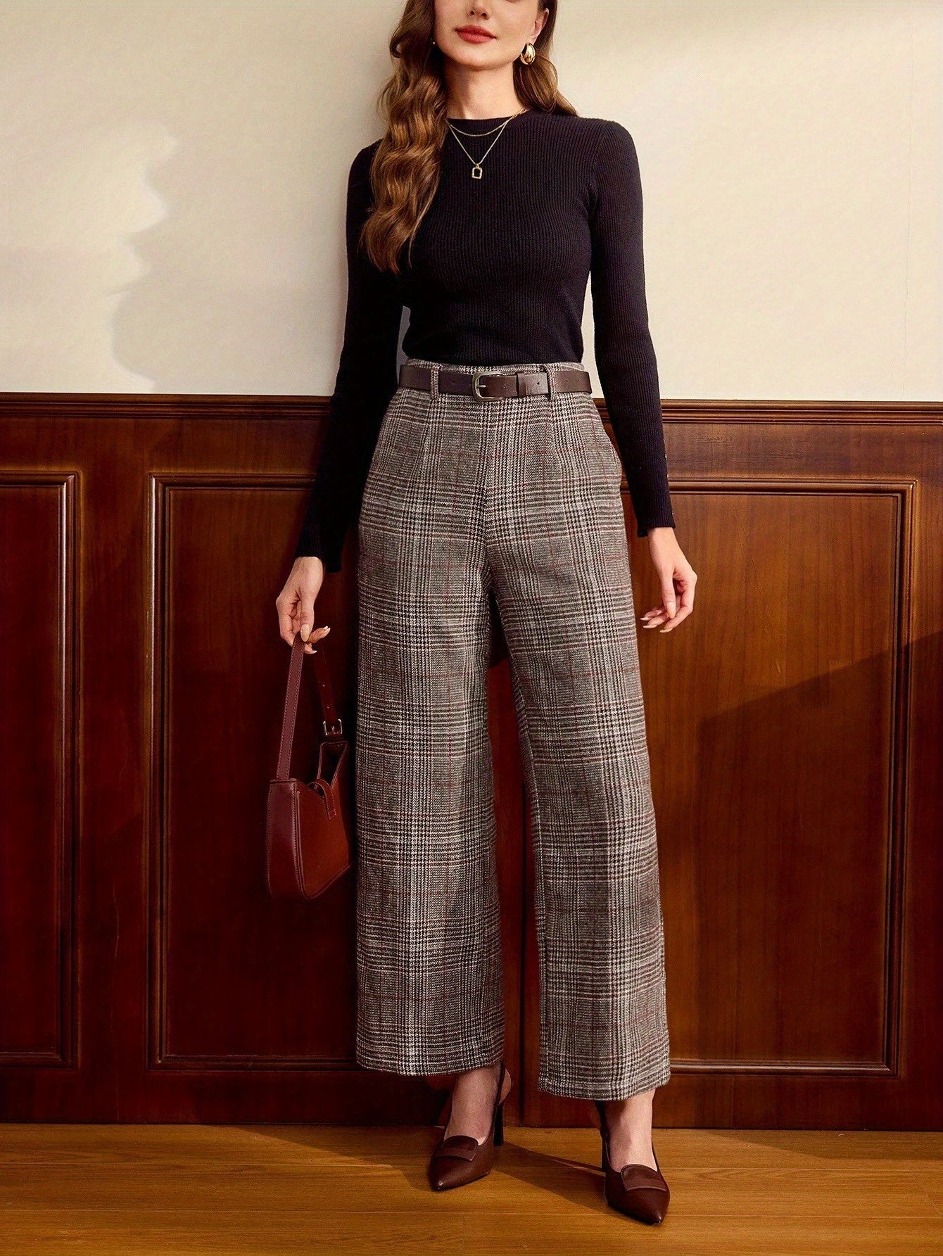 Coffee Brown tailored checked wide-leg Trousers