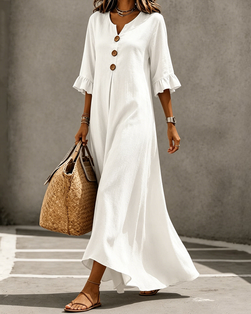 V-neck ruffle sleeve maxi dress, side view