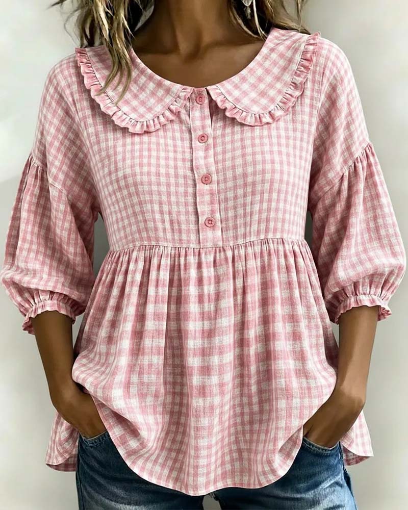 Plaid lantern sleeve blouse, collar detail view