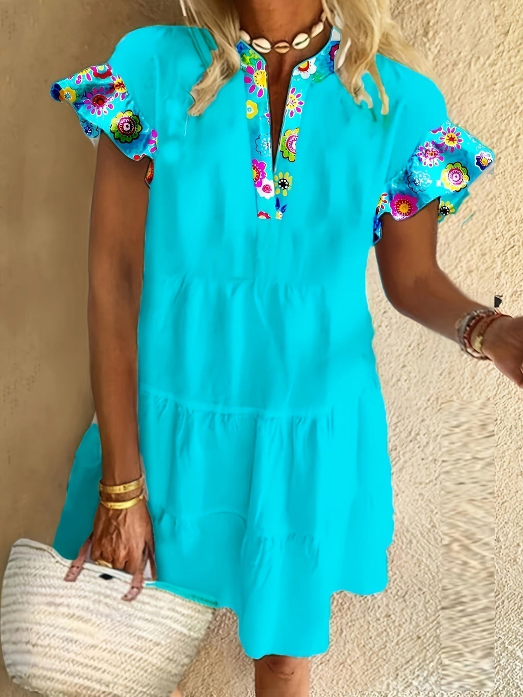 Ruffle sleeve floral accent mini dress women's casual | Alba Muse