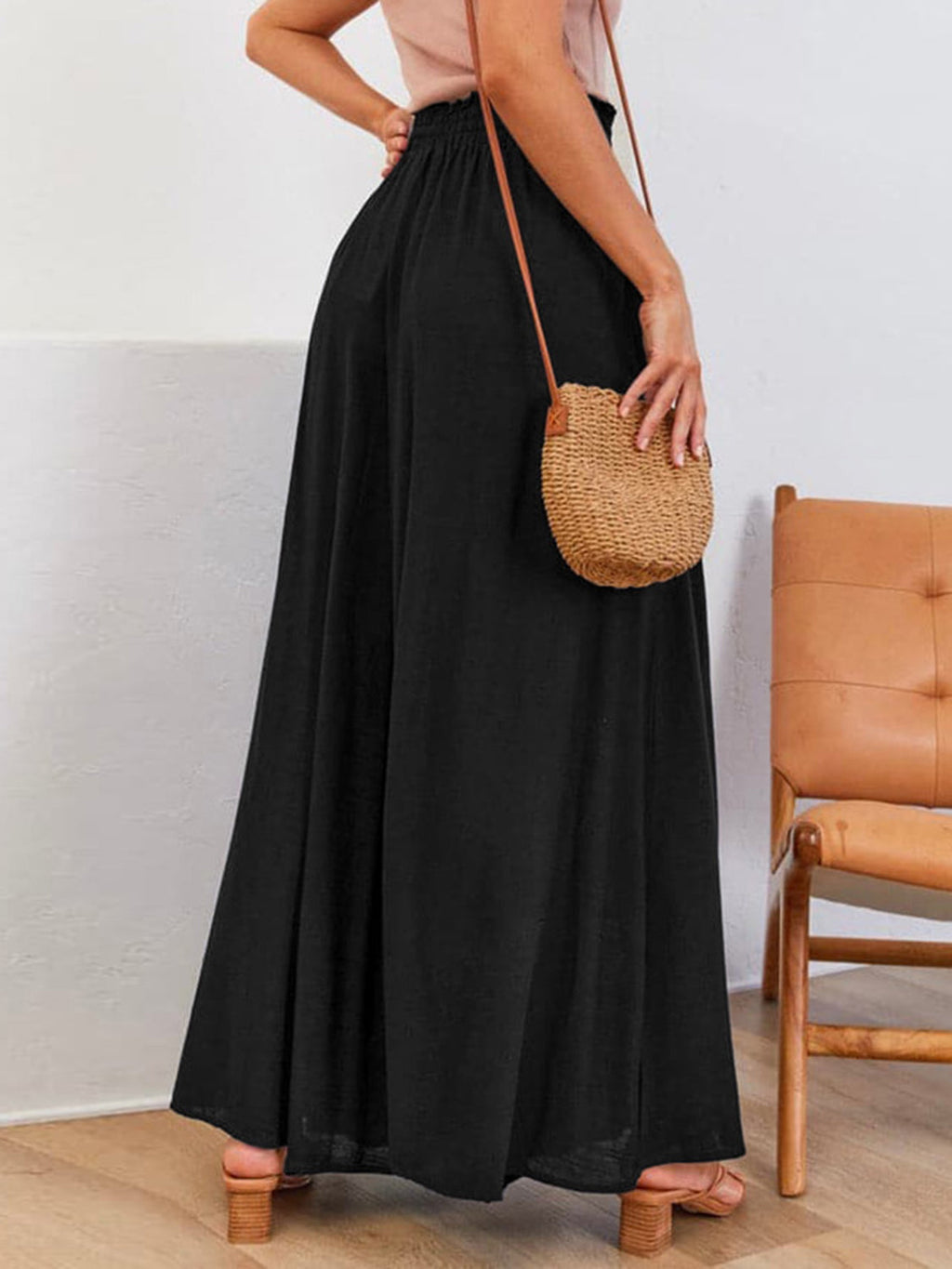 Women's drawstring wide leg pants, third colour front view