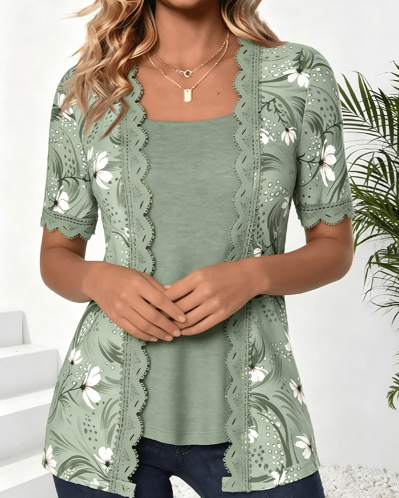 Women's Green Wave Ruffle Print Blouse — worn on model