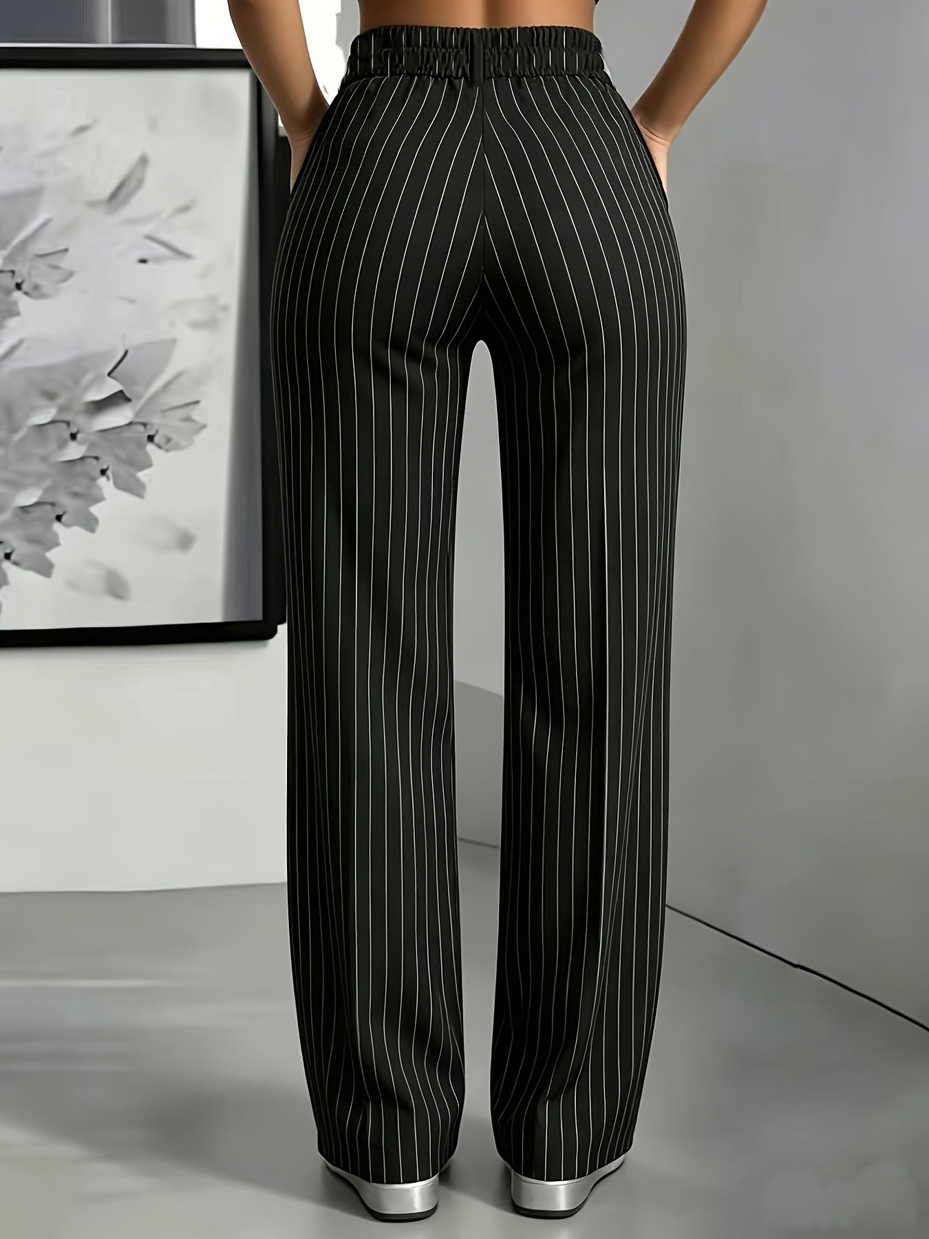 Black Striped Straight Leg Trousers/Pants
