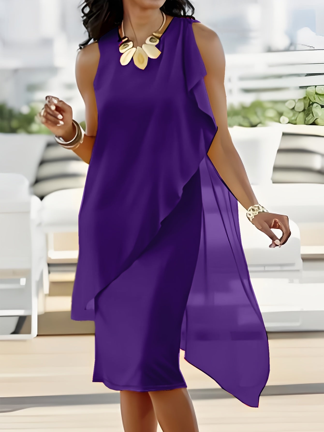 Sleeveless Chiffon Faux Two-Piece Dress in Red, back view