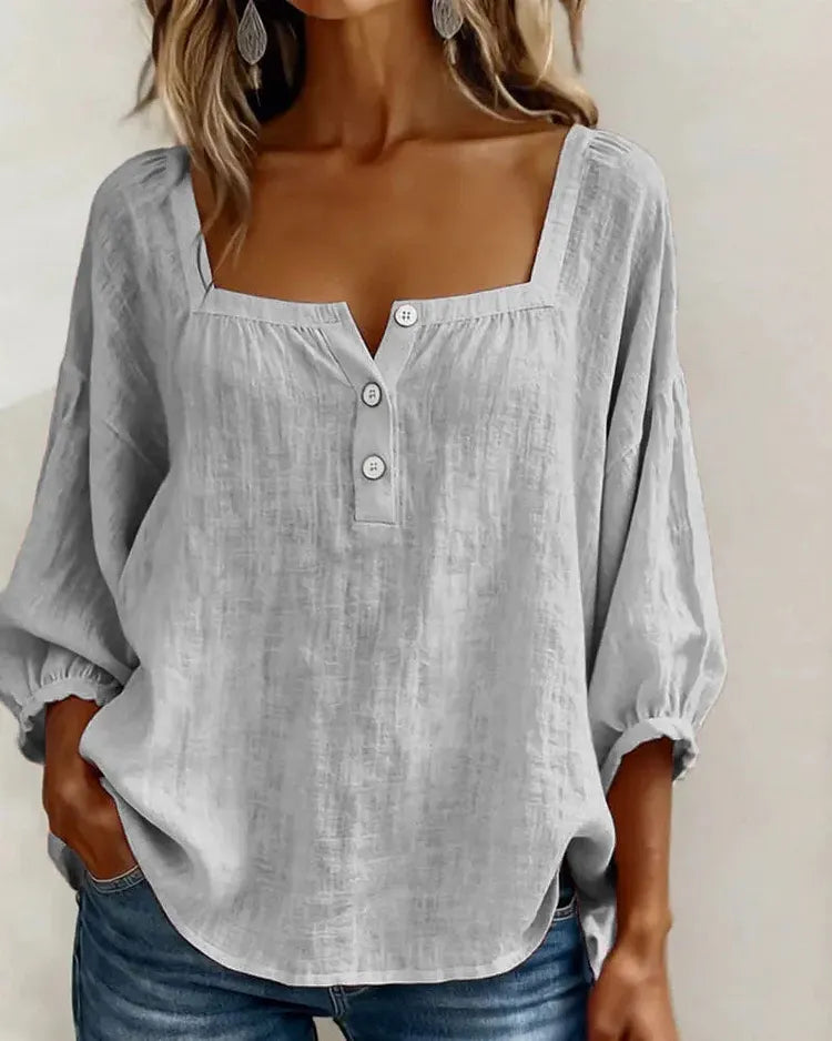 Boho shirt in pink, full-length model view showing curved hem | Alba Muse
