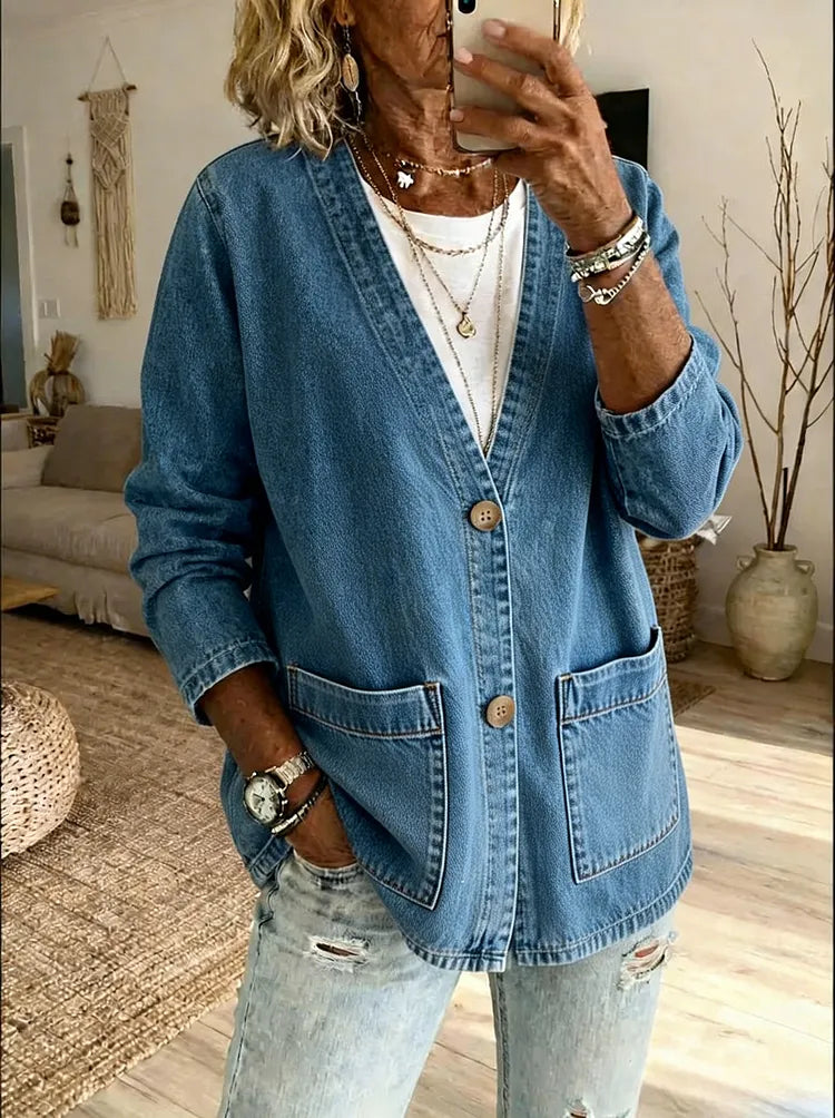Women's classic denim jacket, V-neck button-front style with pockets | Alba Muse