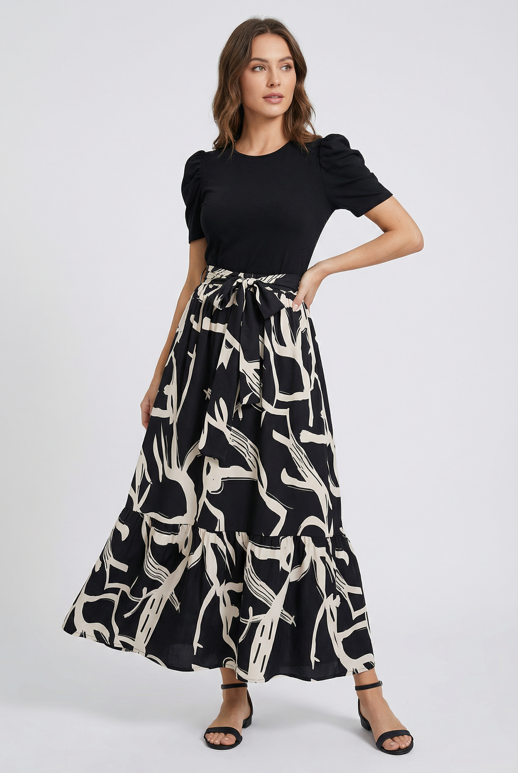 Floral A-line maxi dress with round neck, styled for summer brunch