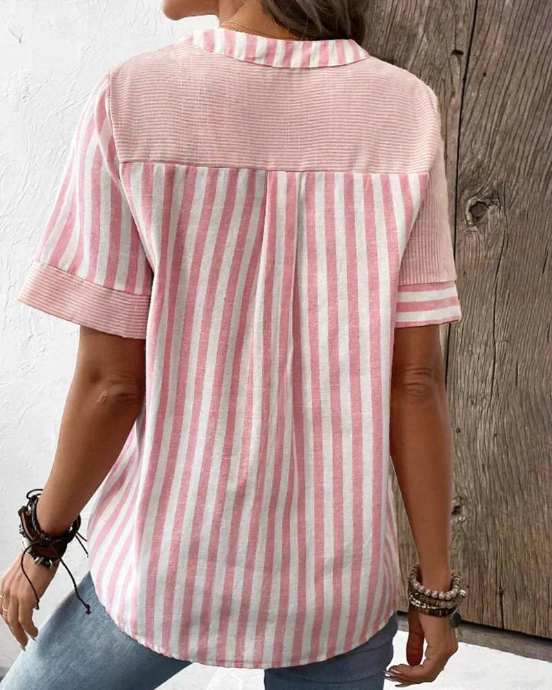 Blue stripe panel blouse, elongating vertical stripe pattern | Alba Muse
