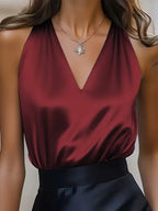 Women's deep V-neck satin camisole blouse in third colour option