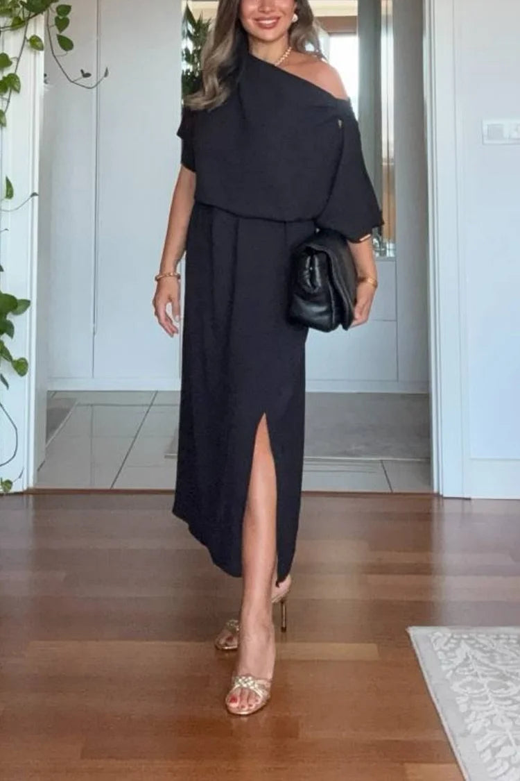 Asymmetric shoulder maxi dress front view, minimalist elegant design | Alba Muse