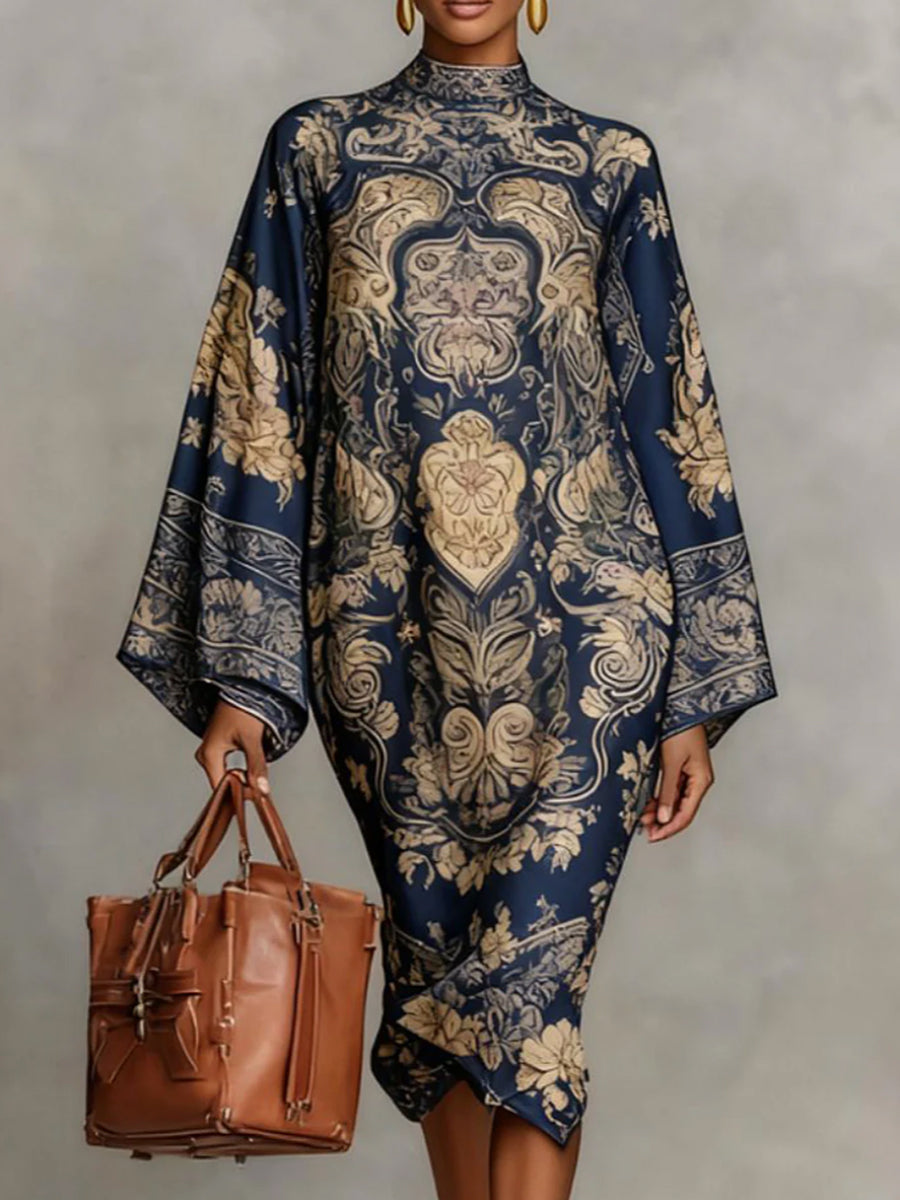 Blue contrast-print long sleeve mock neck midi dress, front view, worn