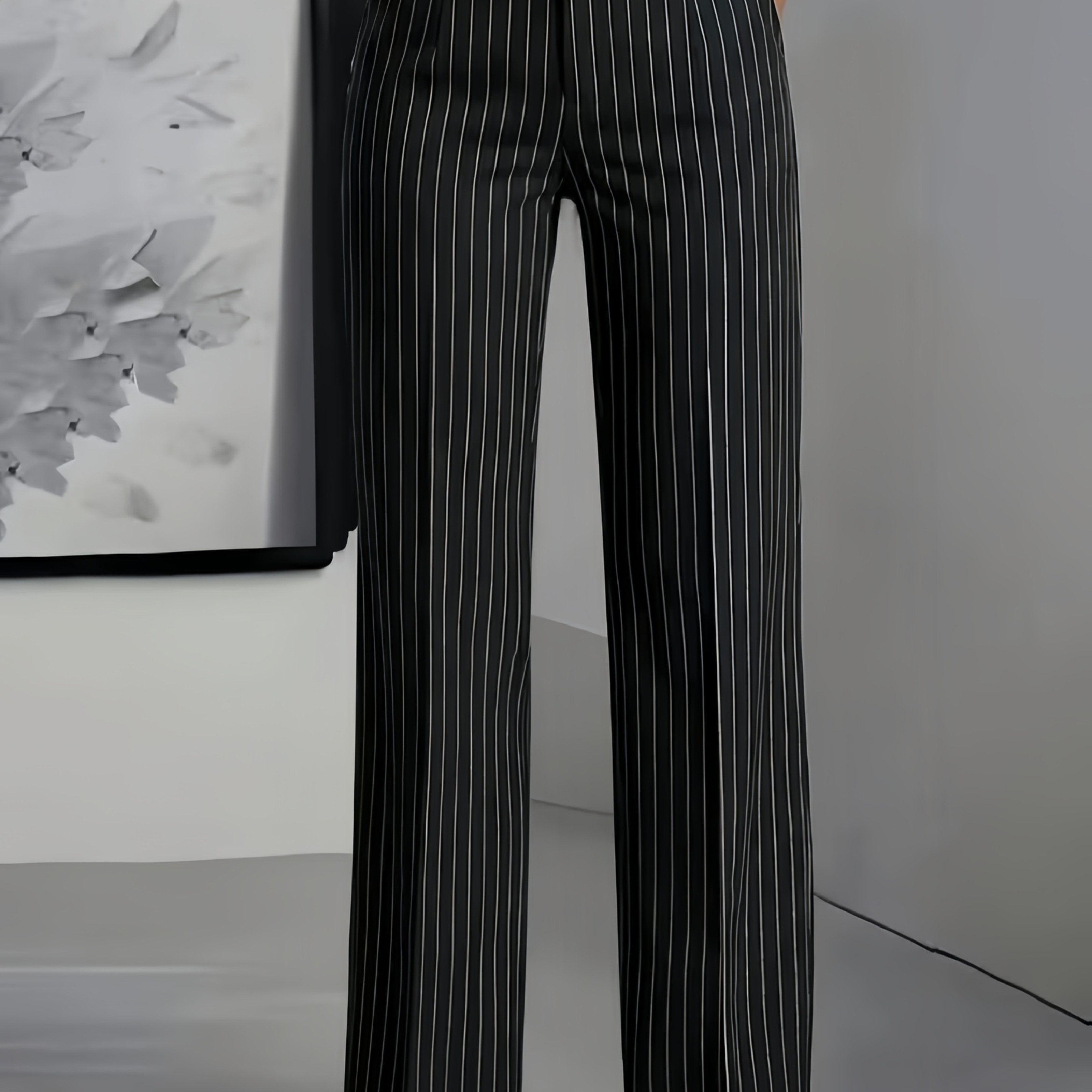 Black Striped Straight Leg Trousers/Pants