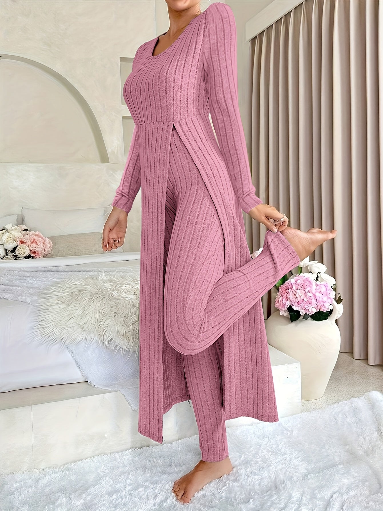 Grey ribbed long sleeve Loungewear Set, front view