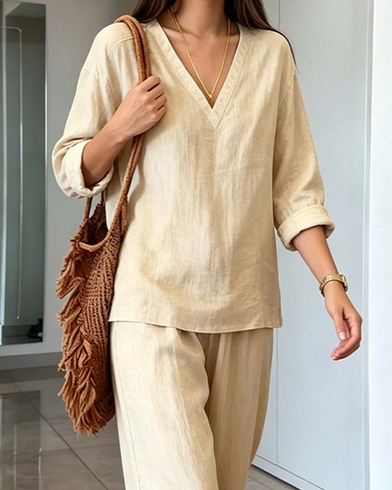 Beige V-Neck Long-Sleeve Wide-Leg Co-ord Set
