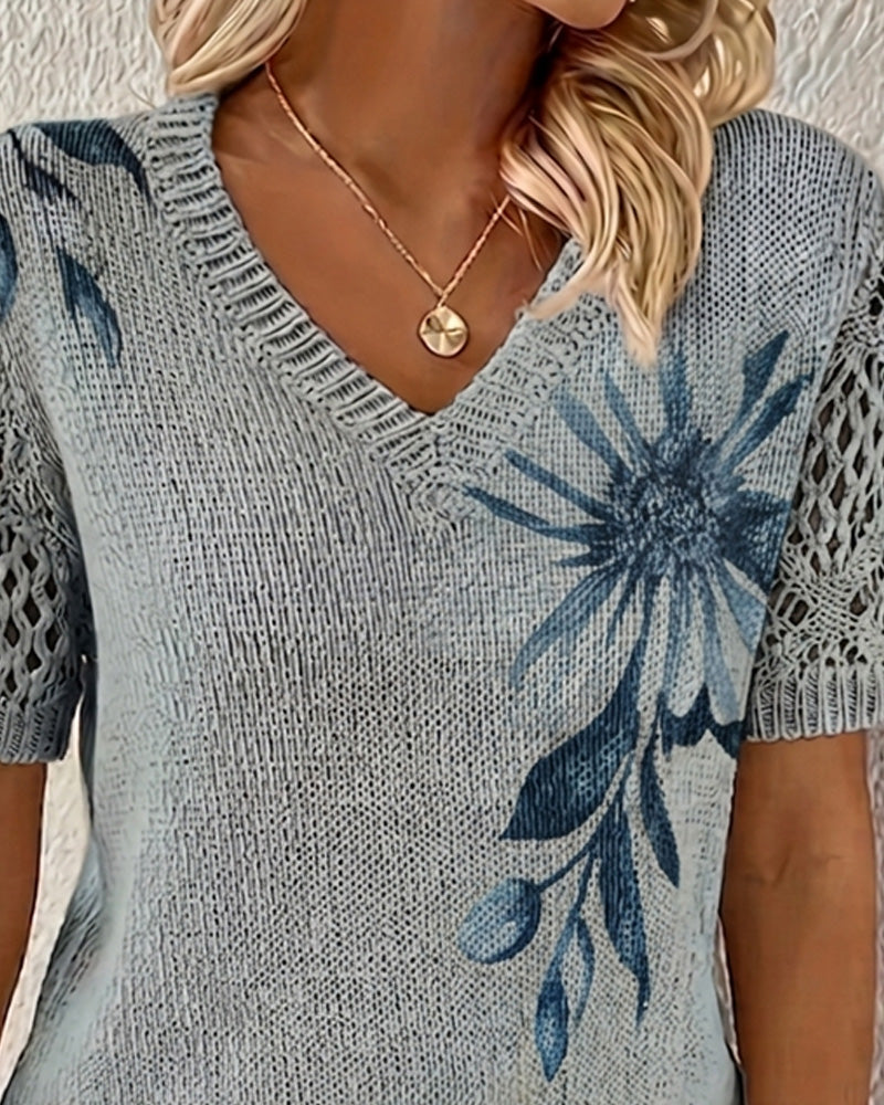 V-Neck Floral Knitted Jumper