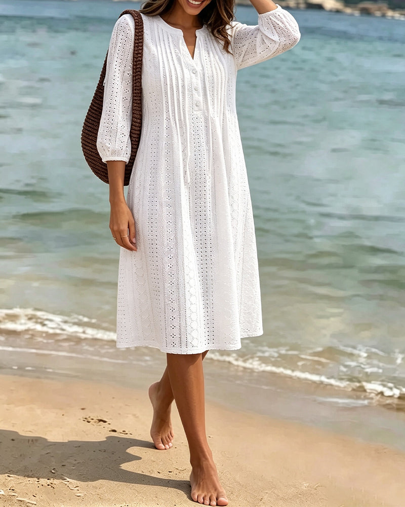 White Solid V-Neck Shirred Cutout Midi Dress