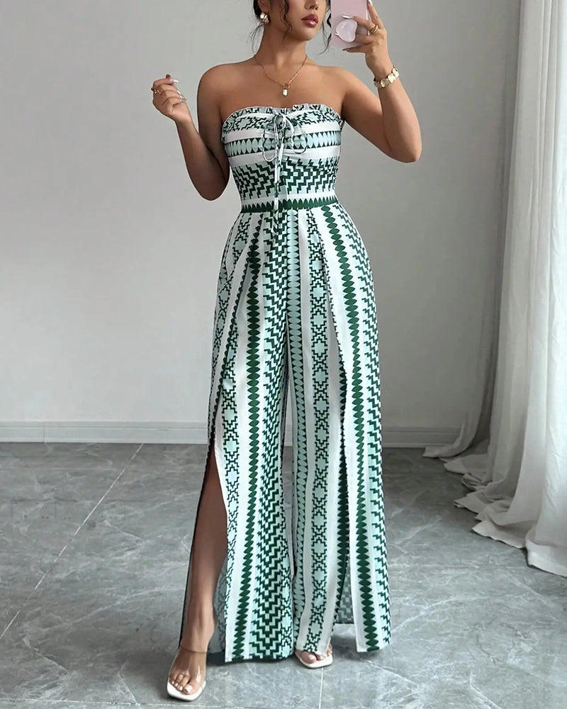 Sleeveless geometric print wide-leg jumpsuit, styled view