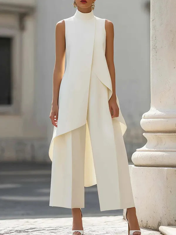 Cream white sleeveless high neck co-ord set, side view