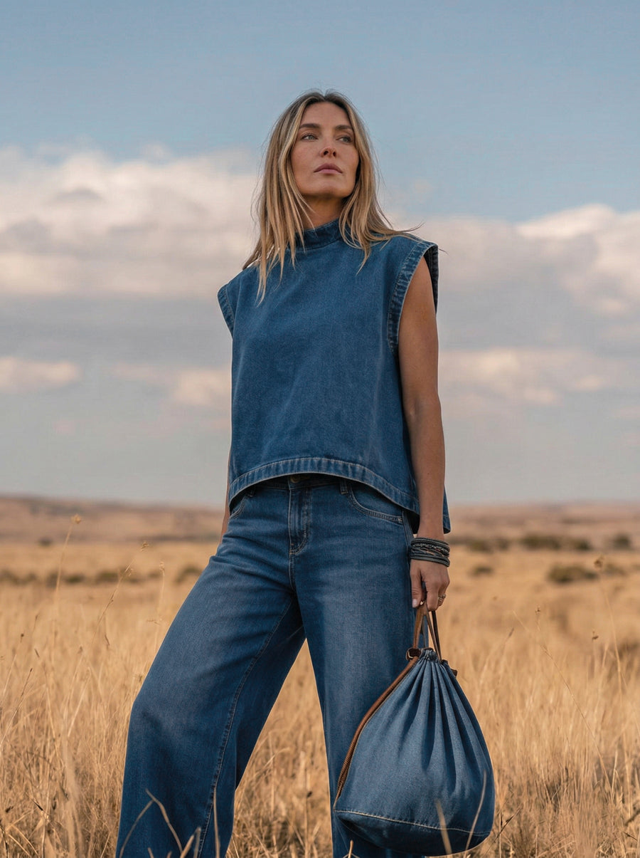 Denim Mock Neck Vest Top & Wide-Leg Jeans Co-ord Set
