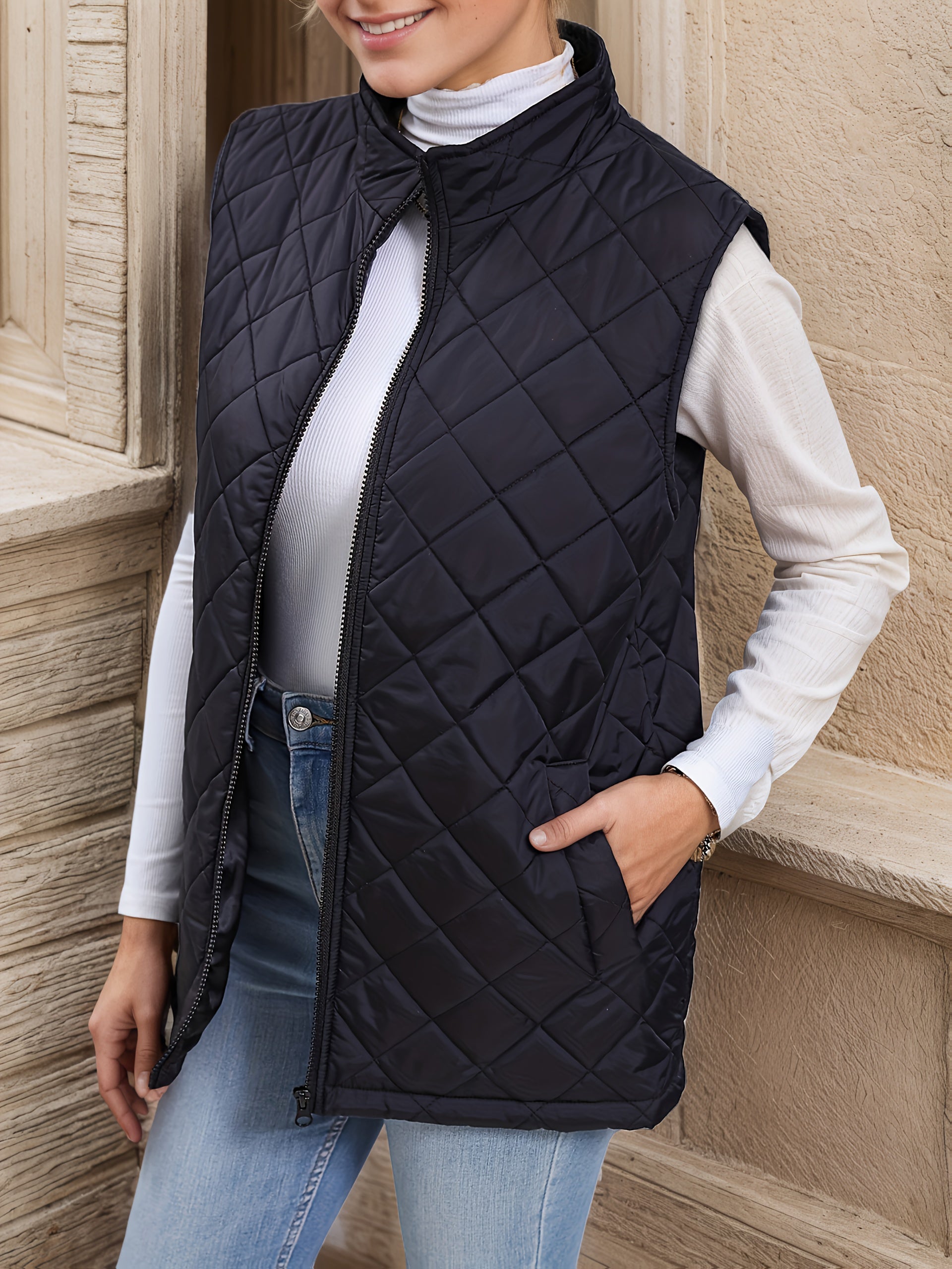 Black diamond-quilted longline Jacket