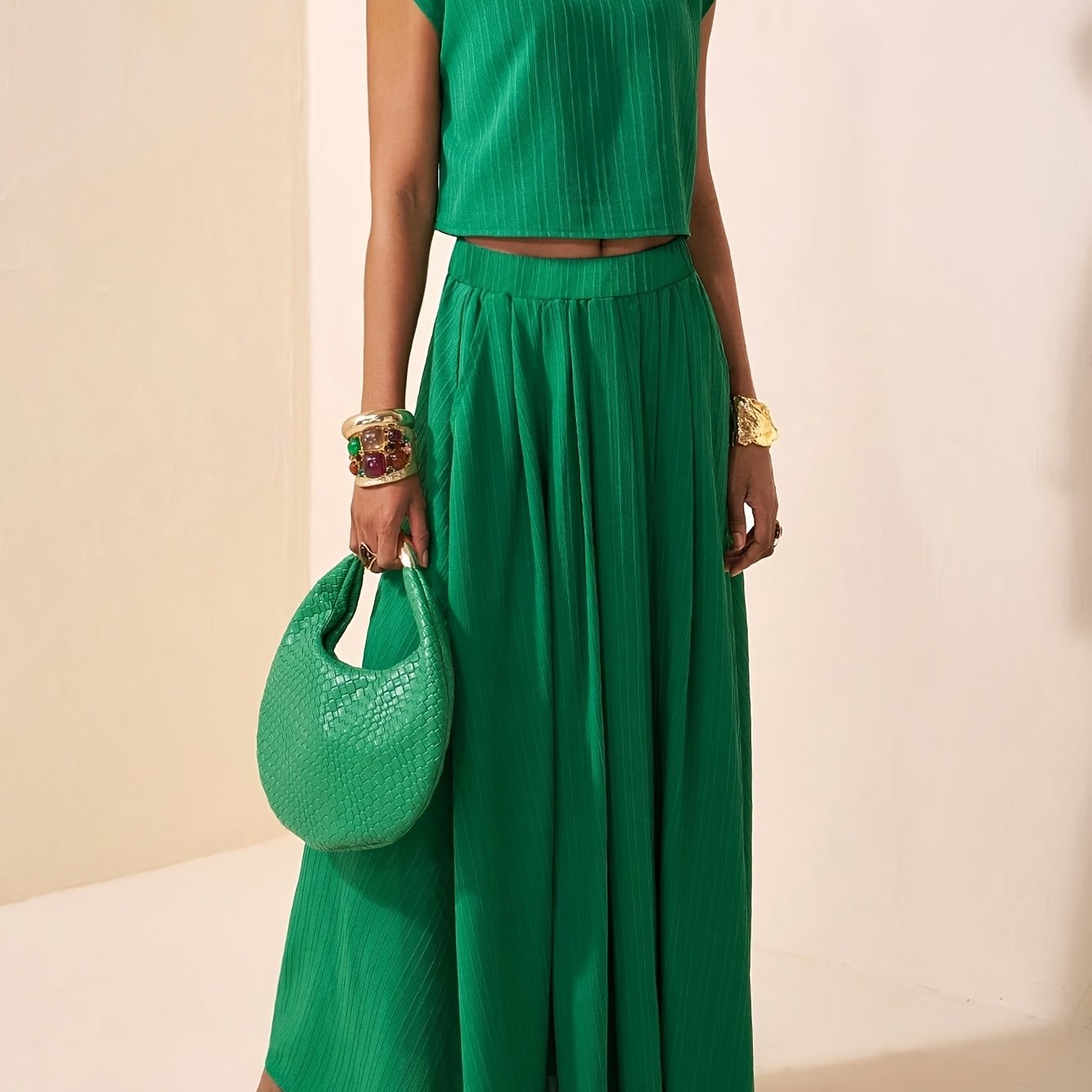 Striped Short Sleeve Top & Pleated Maxi Skirt Co-ord Set