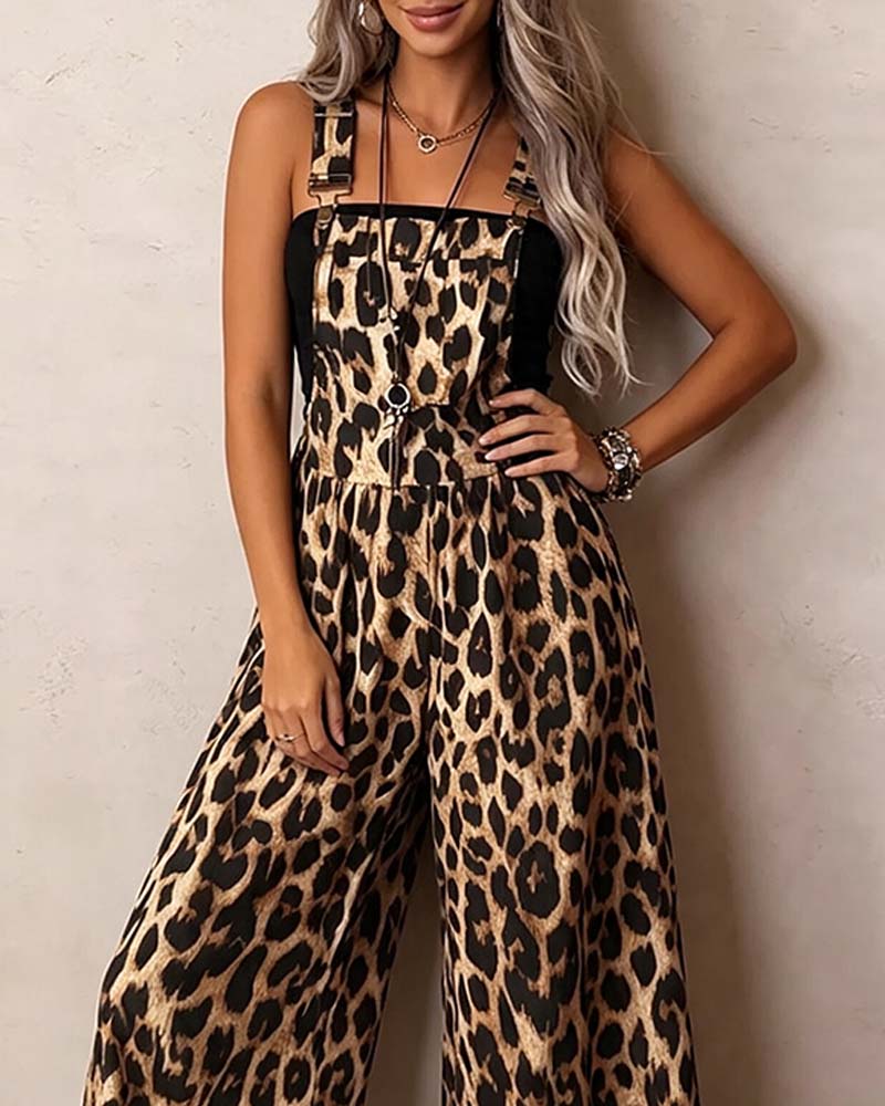 Brown Leopard Print High-Waist Wide-Leg Jumpsuit
