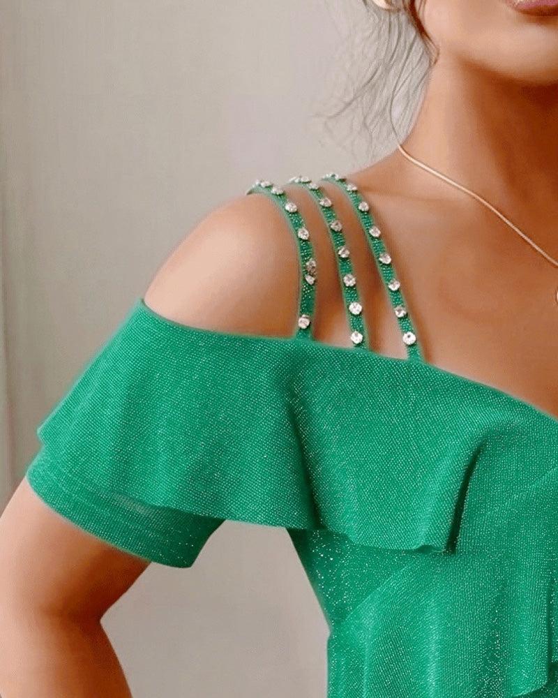 Rhinestone strap ruffle off shoulder top, back view