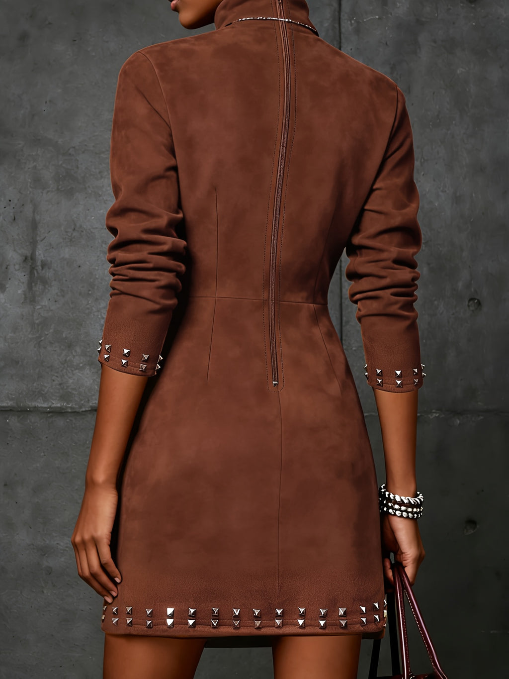 Bronze studded high-neck mini dress