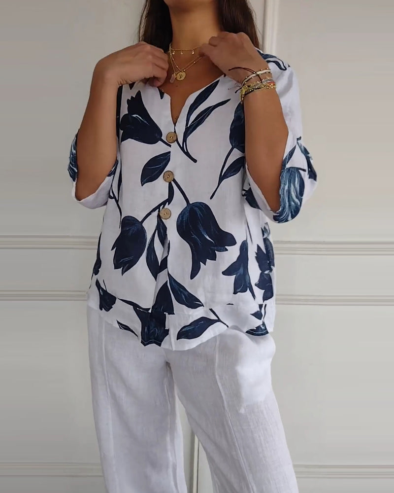 Floral Print Three Quarter Sleeve Cotton Linen Blouse