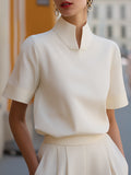 Stand collar blouse in white cream, short sleeve front view