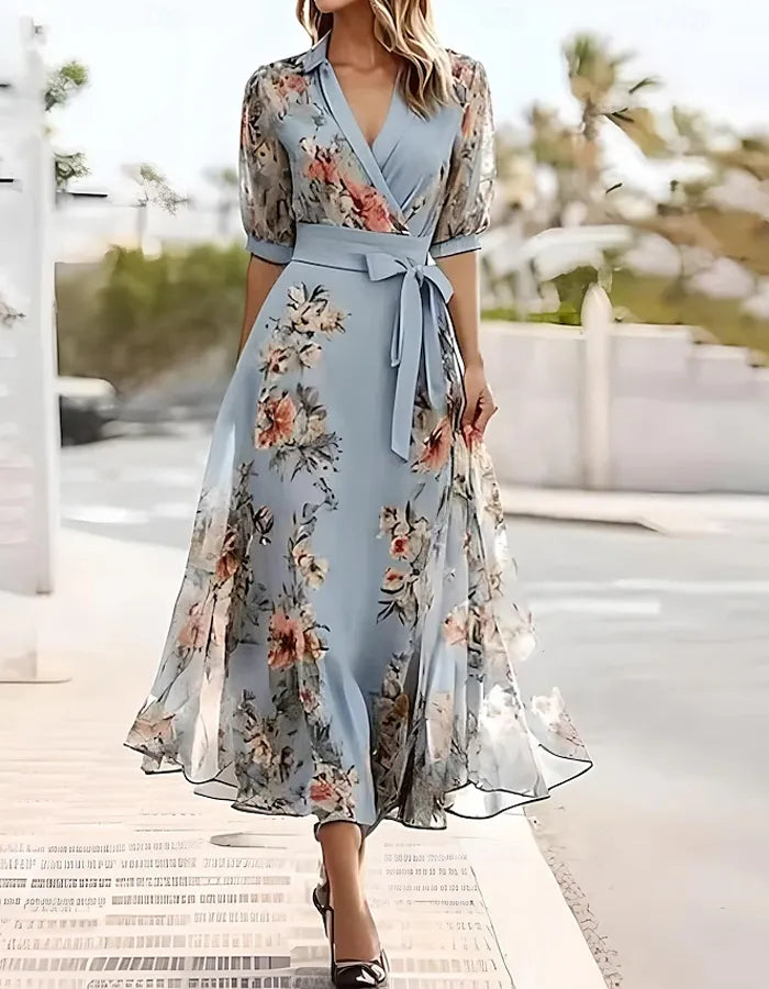 Women's lapel collar printed midi dress, elegant wedding guest style, front view