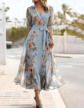 Women's lapel collar printed midi dress, elegant wedding guest style, front view